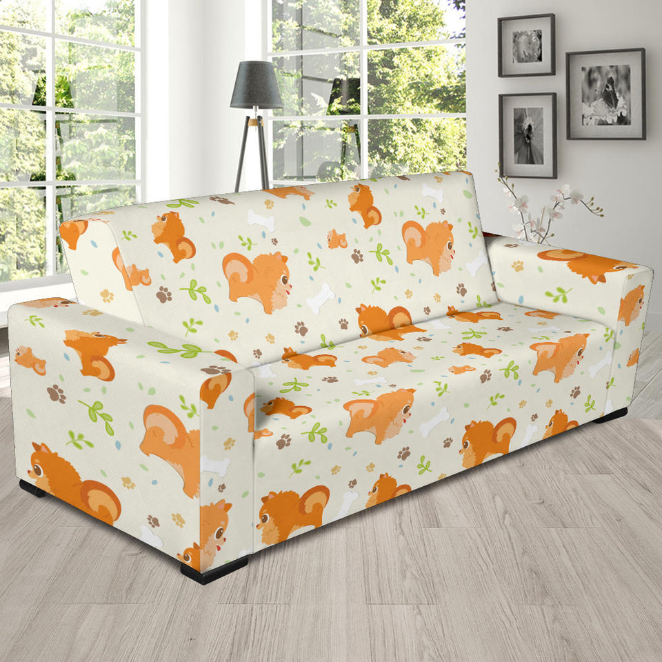 Cute Brown Pomeranian Paw Leave Bone Pattern Sofa Slipcover