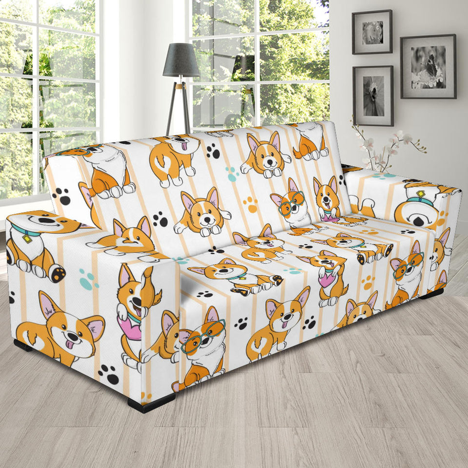 Cute Dog Corgi Striped Background Pattern Sofa Slipcover
