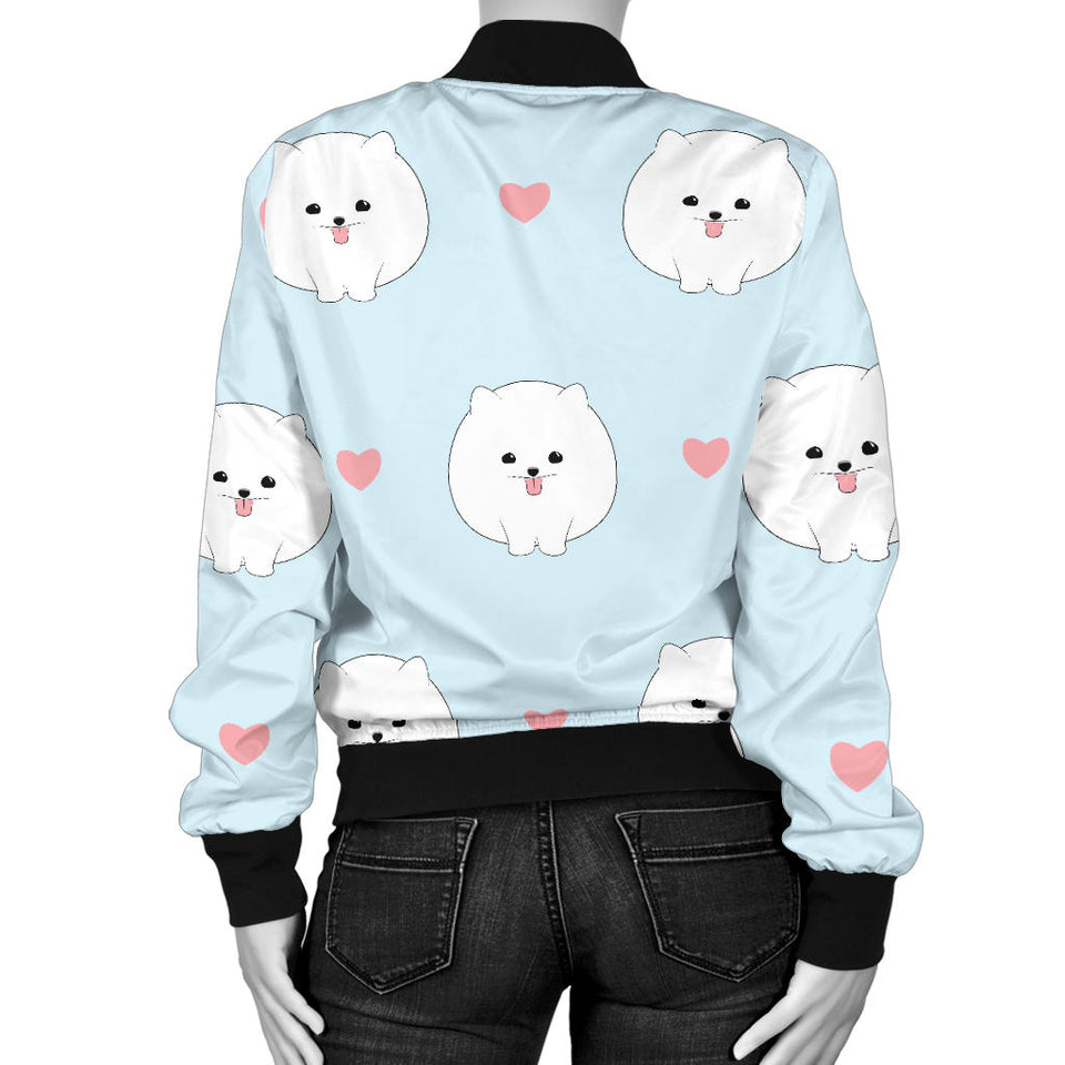 White Cute Pomeranian Pattern Women'S Bomber Jacket