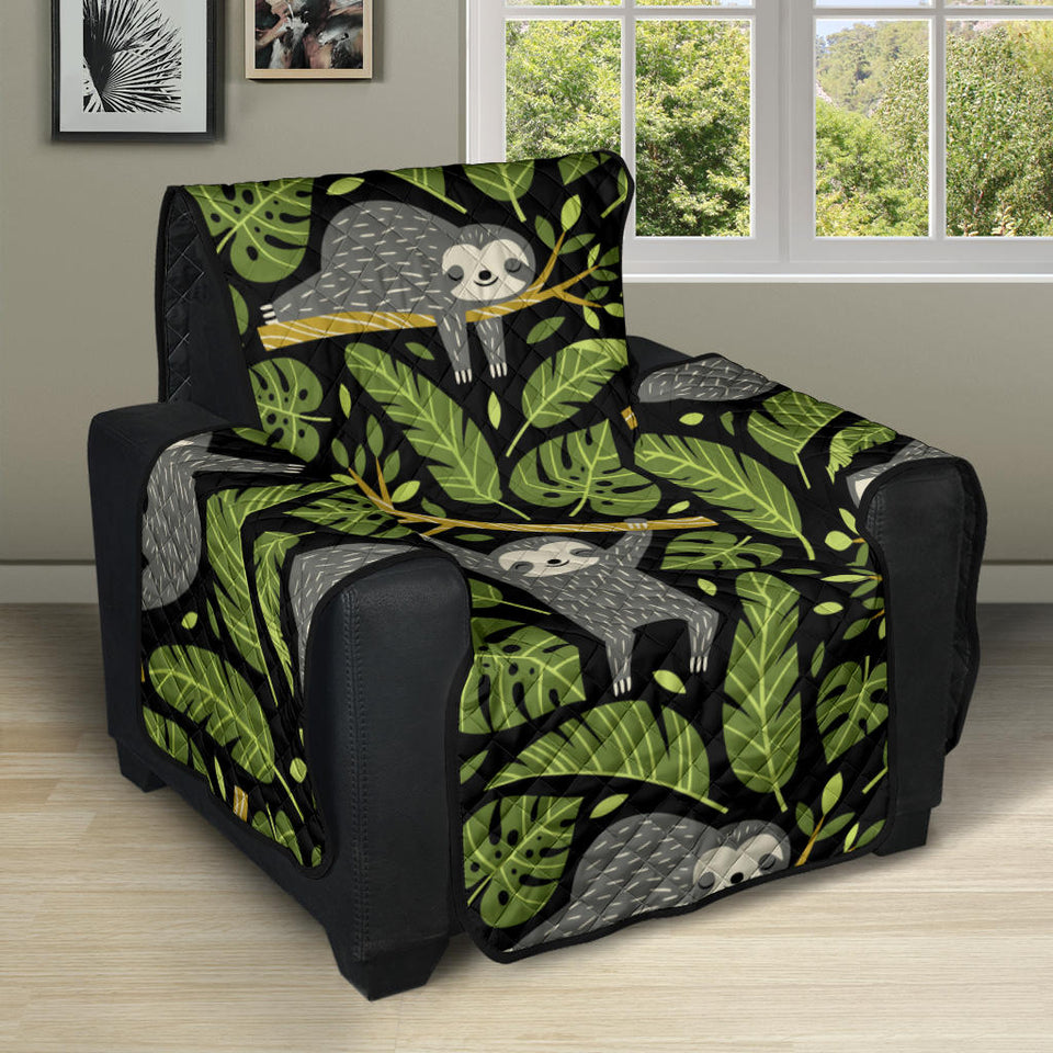 Cute sloths tropical palm leaves black background Recliner Cover Protector