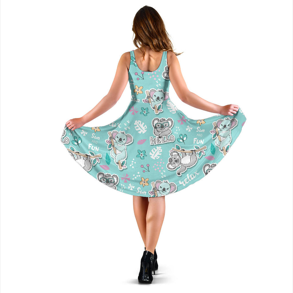 Cute Koalas Blue Background Pattern Sleeveless Midi Dress