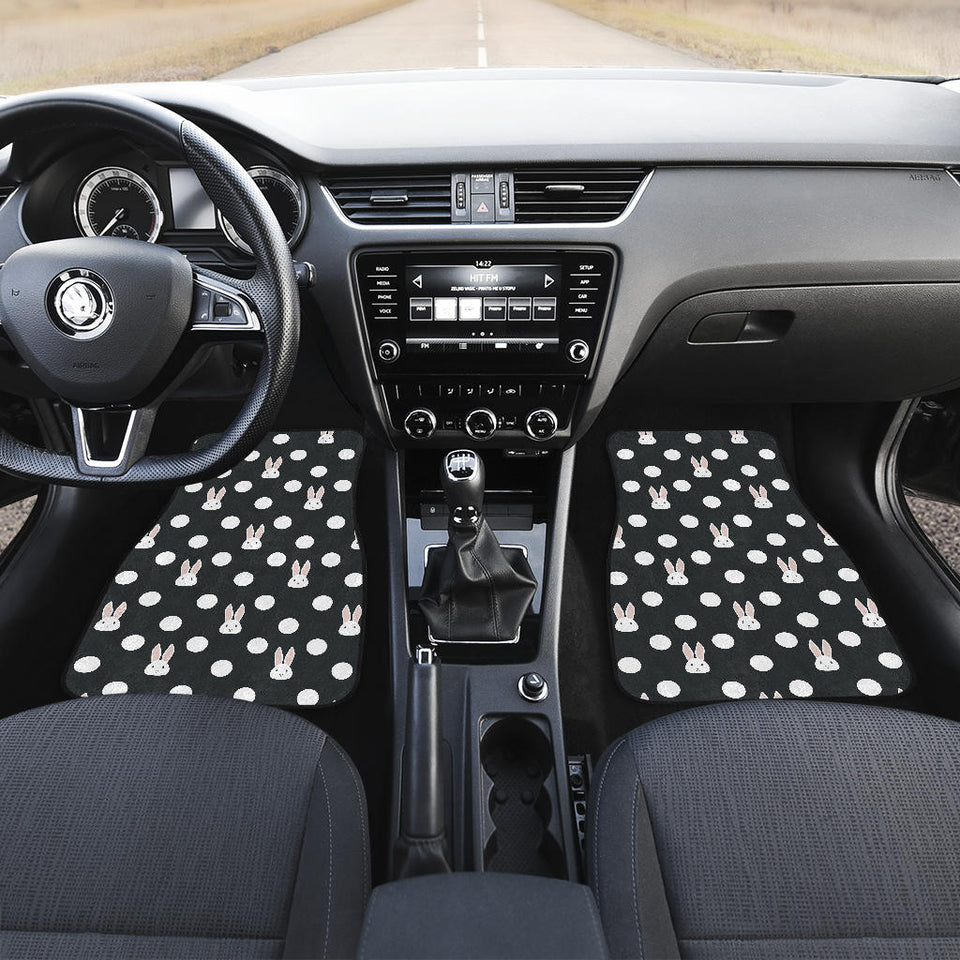 Cute White Rabbit Polka Dots Black Background Front Car Mats