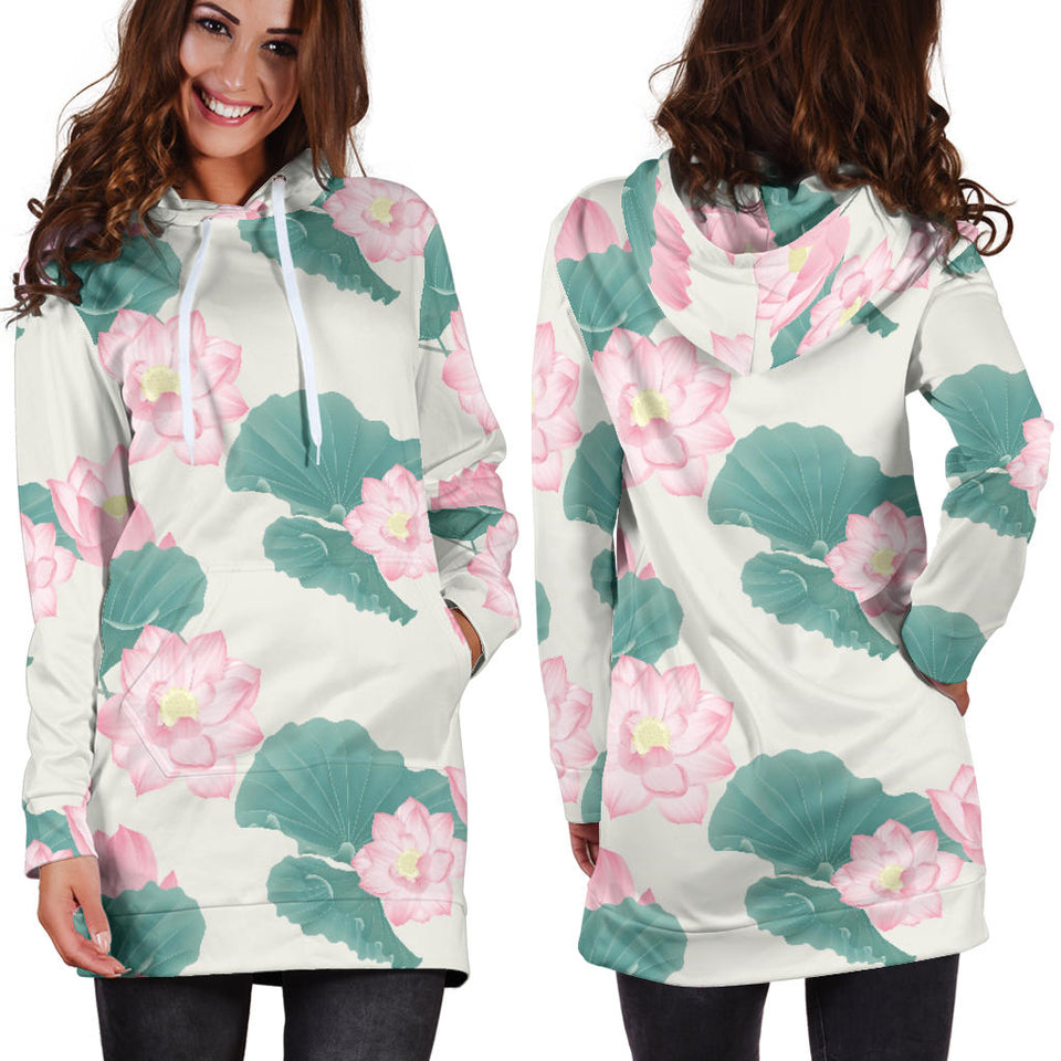 Pink Lotus Waterlily Leaves Pattern Women'S Hoodie Dress