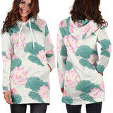 Pink Lotus Waterlily Leaves Pattern Women'S Hoodie Dress