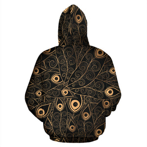 Gold Peacock Feather Pattern Zip Up Hoodie