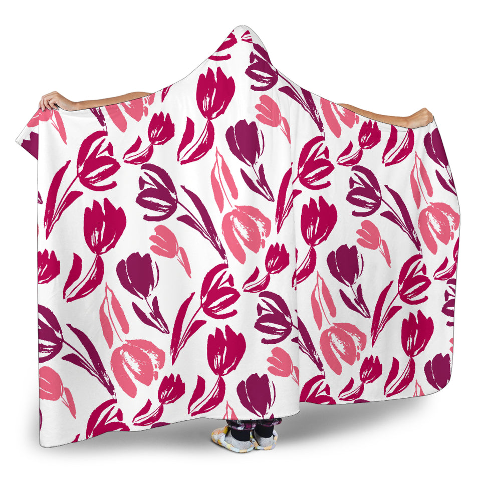 Pink Sketch Tulip Pattern Hooded Blanket