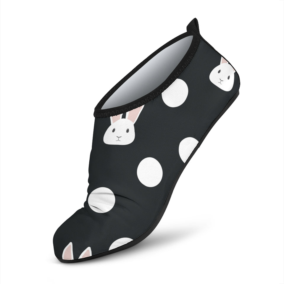 Cute White Rabbit Polka Dots Black Background Aqua Shoes