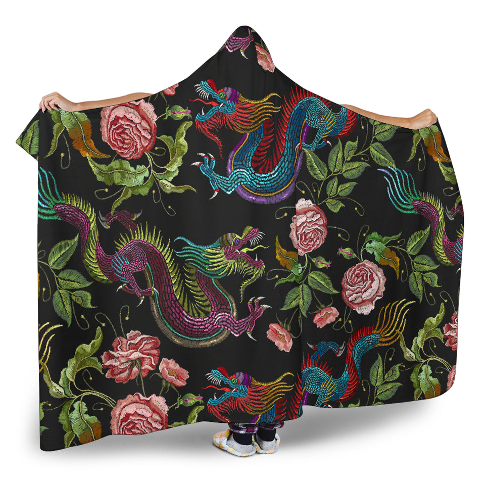 Dragons Flower Pattern Hooded Blanket