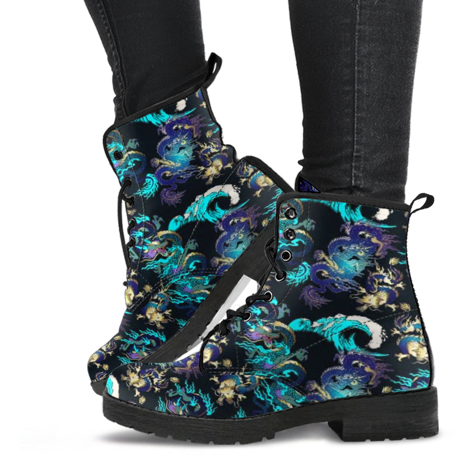 Dragon Sea Wave Pattern Leather Boots