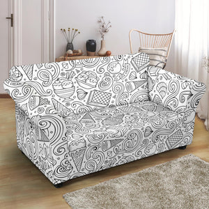 Cartoon Hand Drawn Ice Cream Black White Loveseat Couch Slipcover