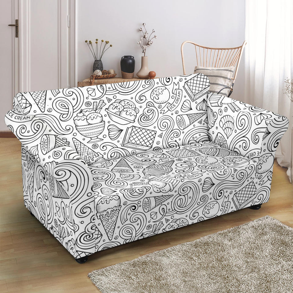Cartoon Hand Drawn Ice Cream Black White Loveseat Couch Slipcover