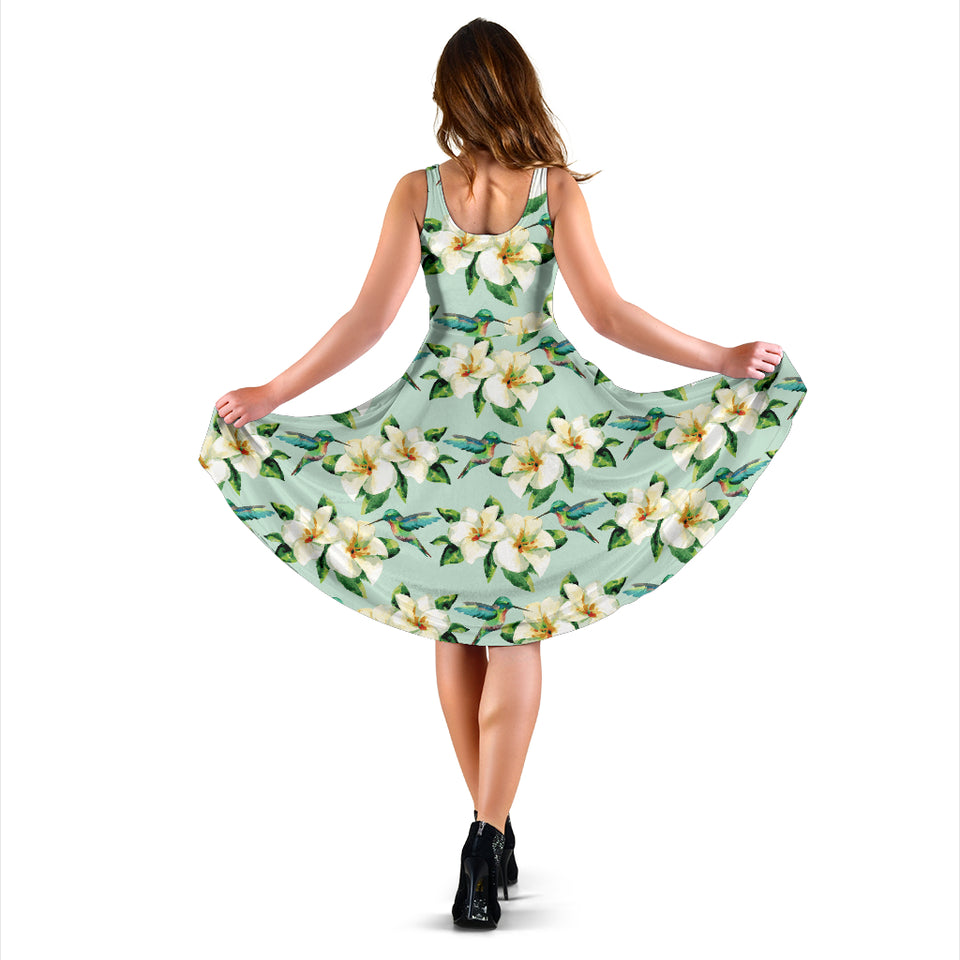 Hummingbird Pattern Print Design 01 Sleeveless Midi Dress
