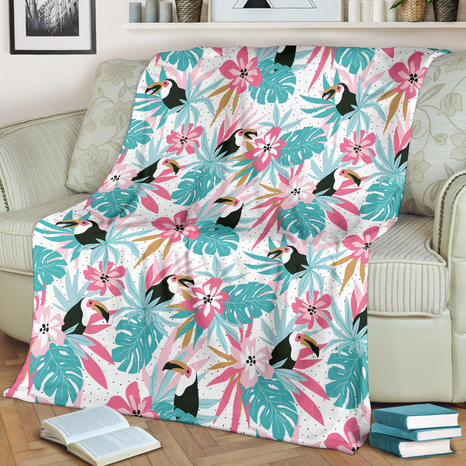 Toucan Tropical Flower Leave Pattern Premium Blanket
