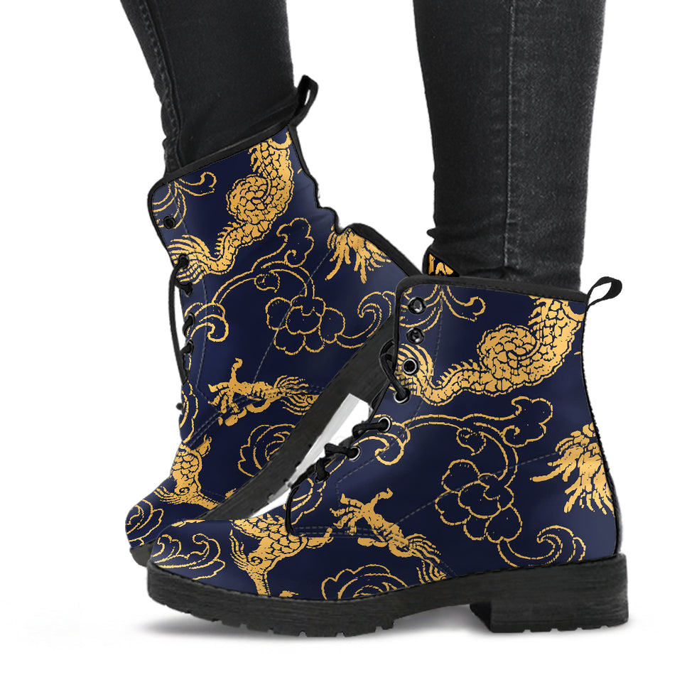 Gold Dragon Pattern Leather Boots