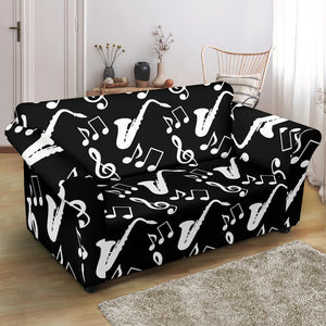 Saxophone Music Notes Treble Clef Black White Theme Loveseat Couch Slipcover