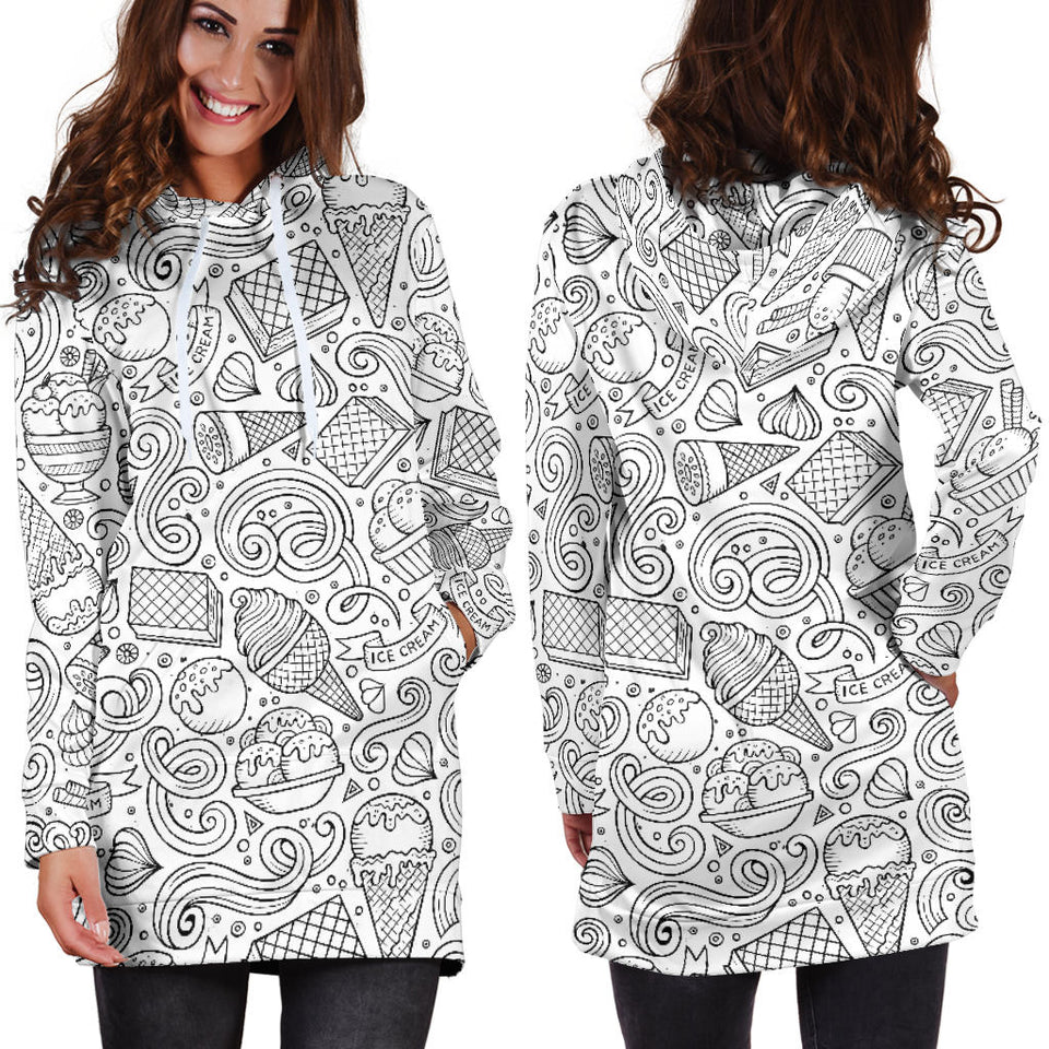Cartoon Hand Drawn Ice Cream Black White Women'S Hoodie Dress