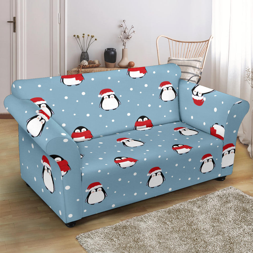 Cute Penguin Christmas Snow Pattern Loveseat Couch Slipcover