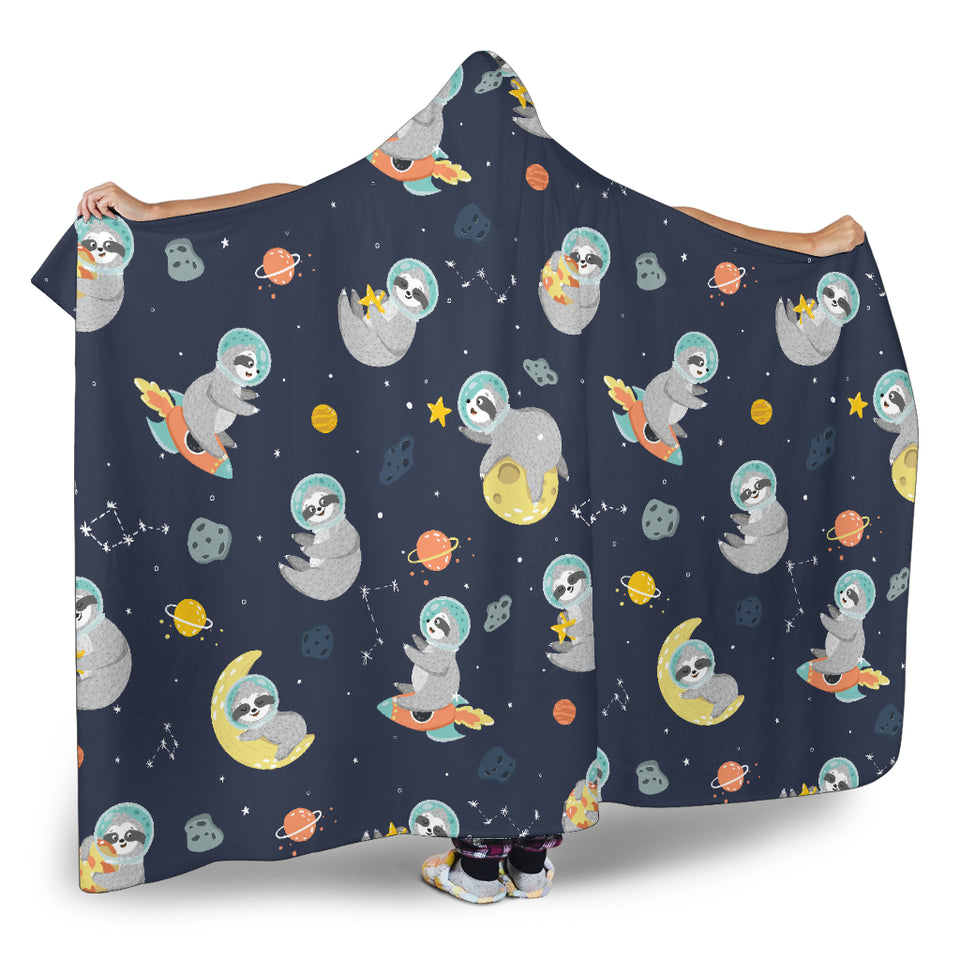 Cute Sloth Astronaut Star Planet Rocket Pattern Hooded Blanket