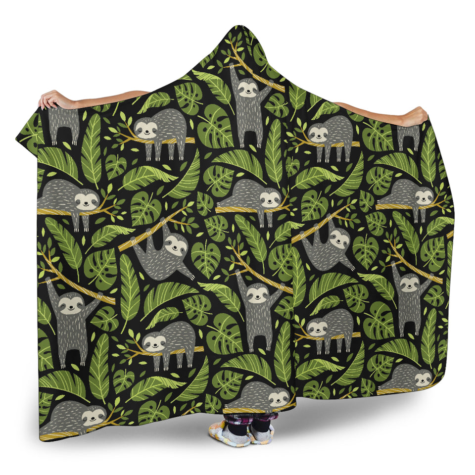 Cute Sloths Tropical Palm Leaves Black Background Hooded Blanket