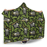 Cute Sloths Tropical Palm Leaves Black Background Hooded Blanket