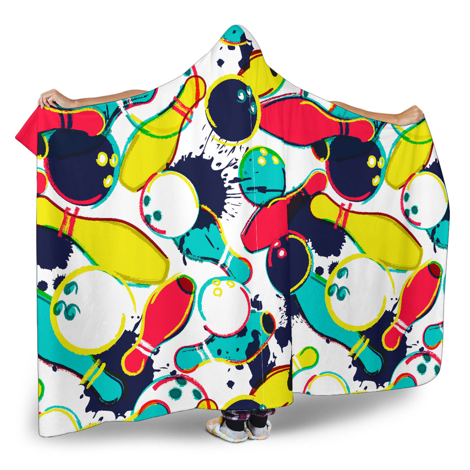Watercolor Bowling Ball Pins Hooded Blanket