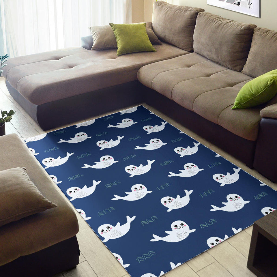 Cute White Baby Sea Lion Seal Pattern Area Rug