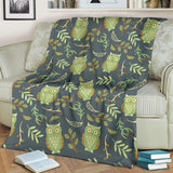Cute Owls Leaves Pattern Premium Blanket