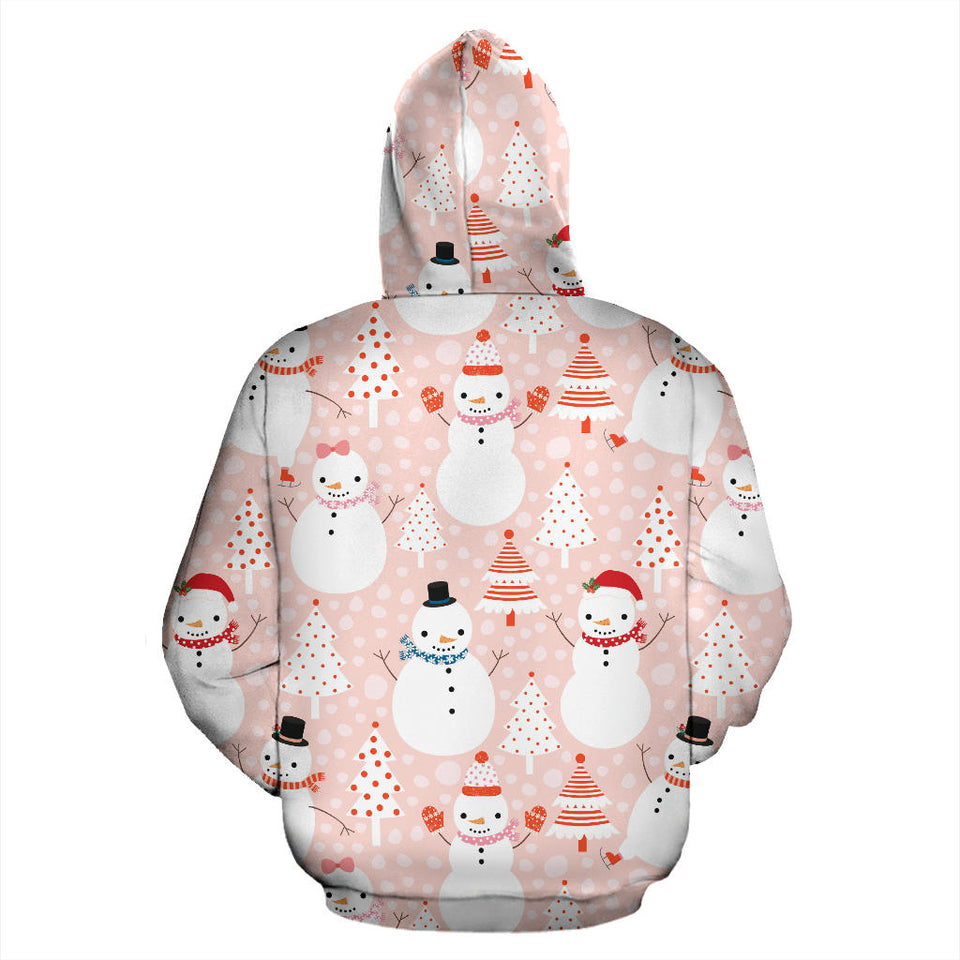 Cute Snowman Christmas Tree Snowpink Background Men Women Pullover Hoodie
