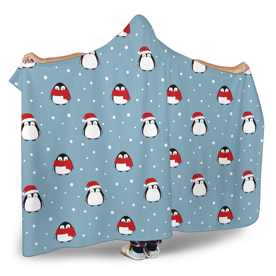 Cute Penguin Christmas Snow Pattern Hooded Blanket