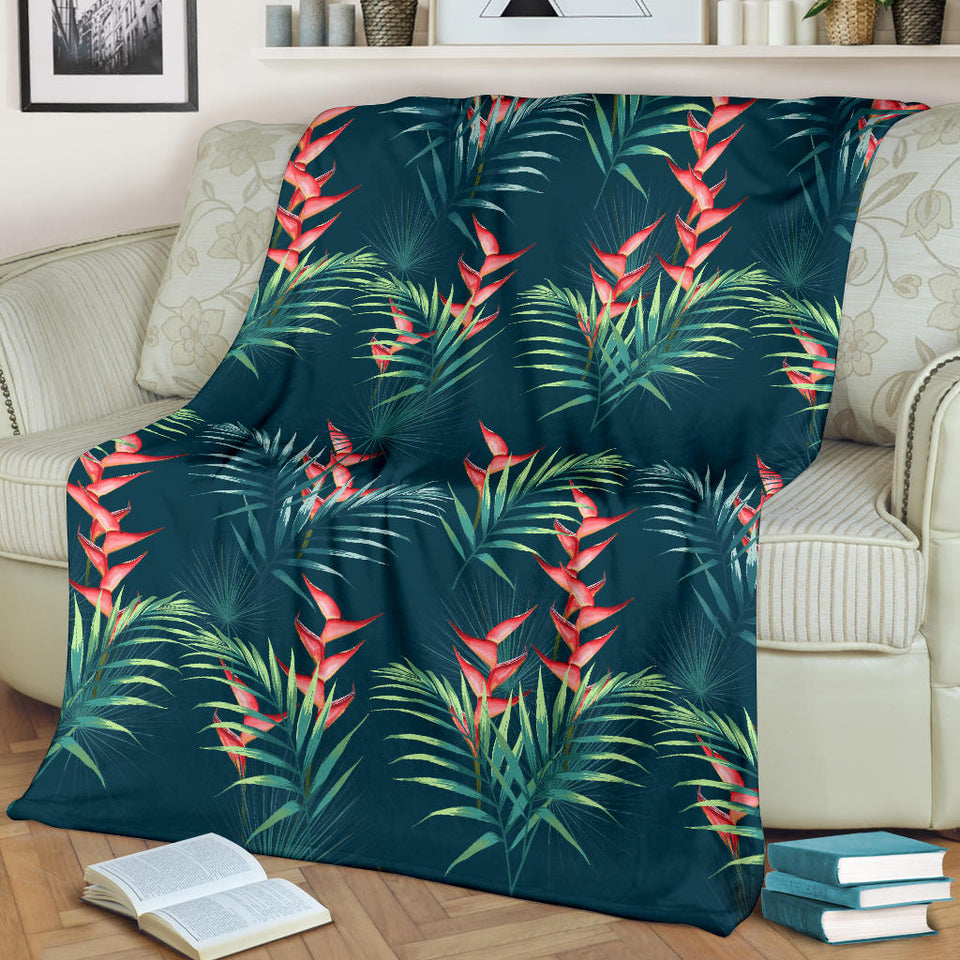 Heliconia Flowers, Palm And Monstera Leaves On Black Background Pattern Premium Blanket