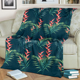 Heliconia Flowers, Palm And Monstera Leaves On Black Background Pattern Premium Blanket