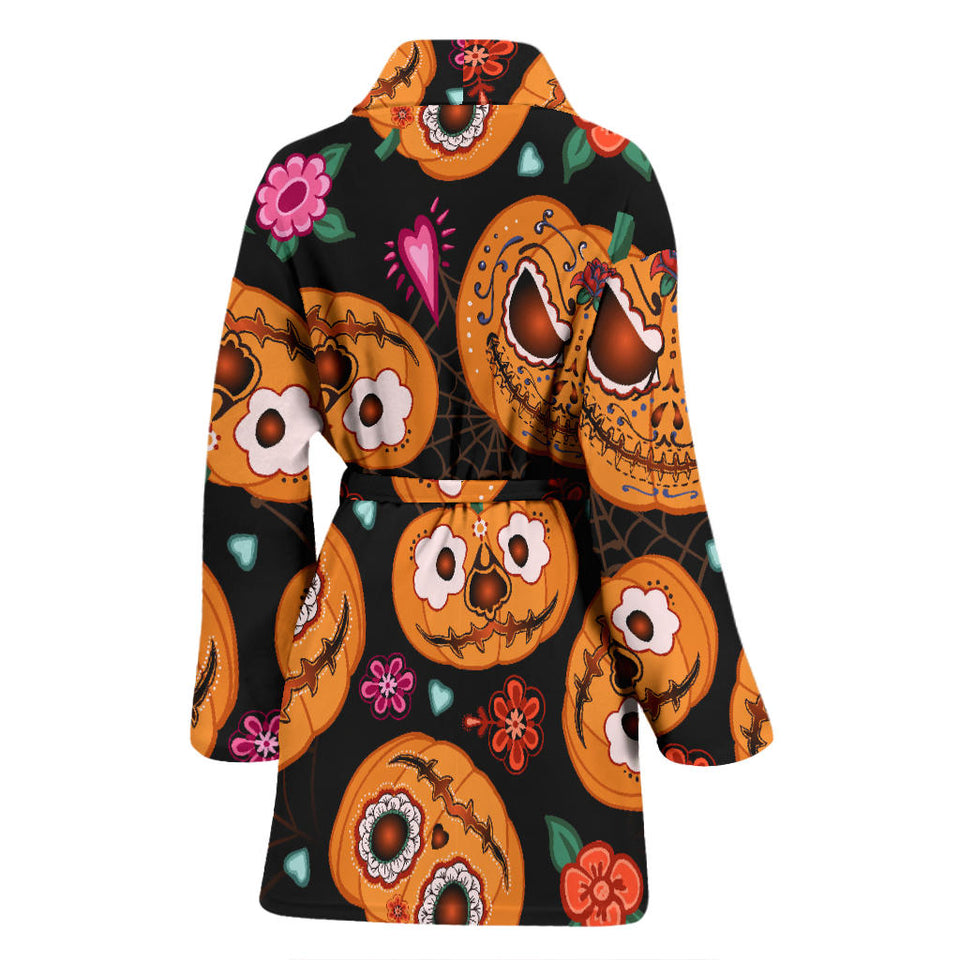 Pumpkin Flowers Spiderweb Halloween Theme Women'S Bathrobe