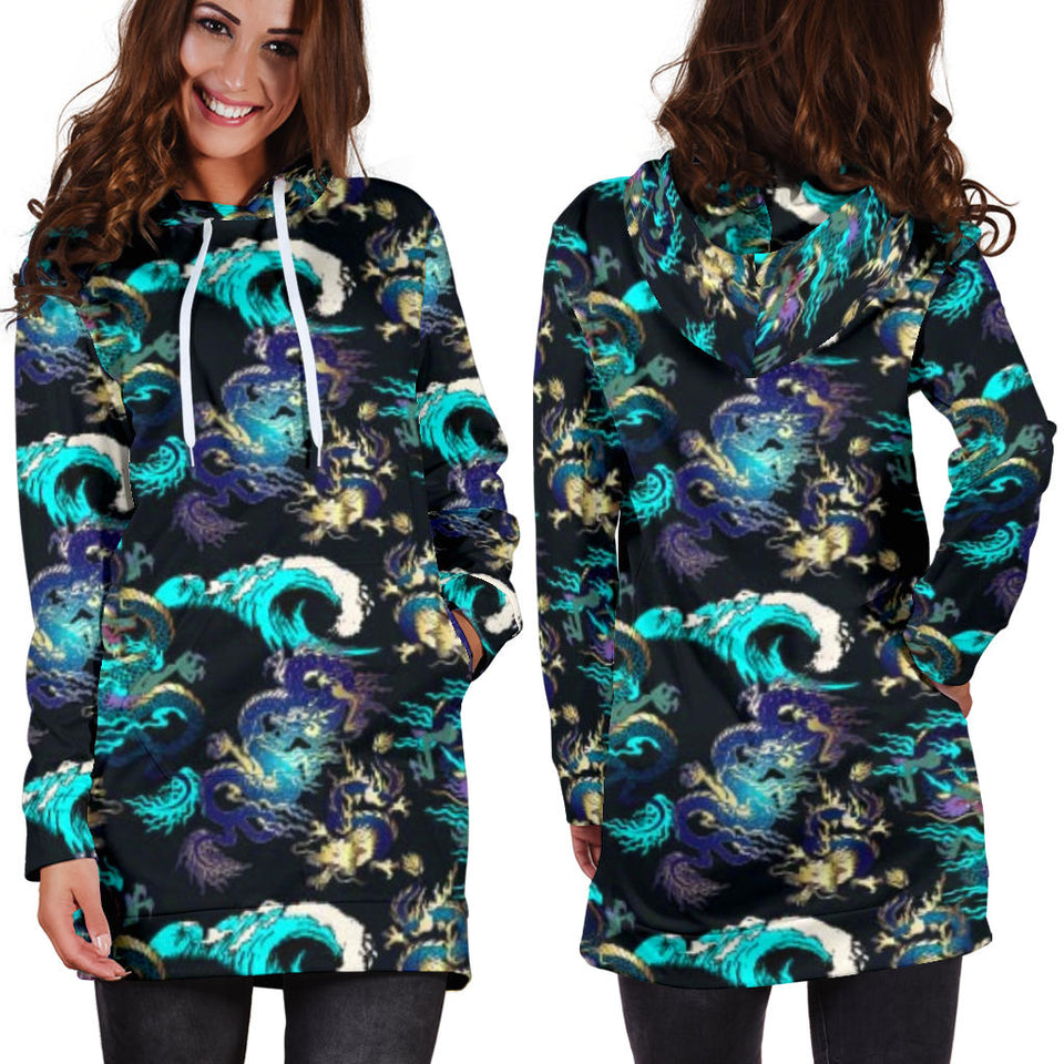 Dragon Sea Wave Pattern Women'S Hoodie Dress