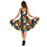 Colorful Parrot Flower Pattern Sleeveless Midi Dress
