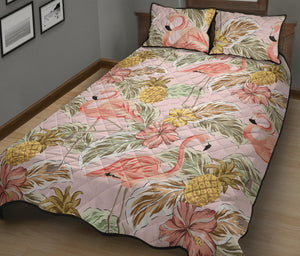 Pink flamingo birds pineapples hibiscus flower pattern Quilt Bed Set