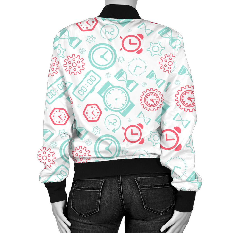 Clock Time Pattern Blackground Women'S Bomber Jacket