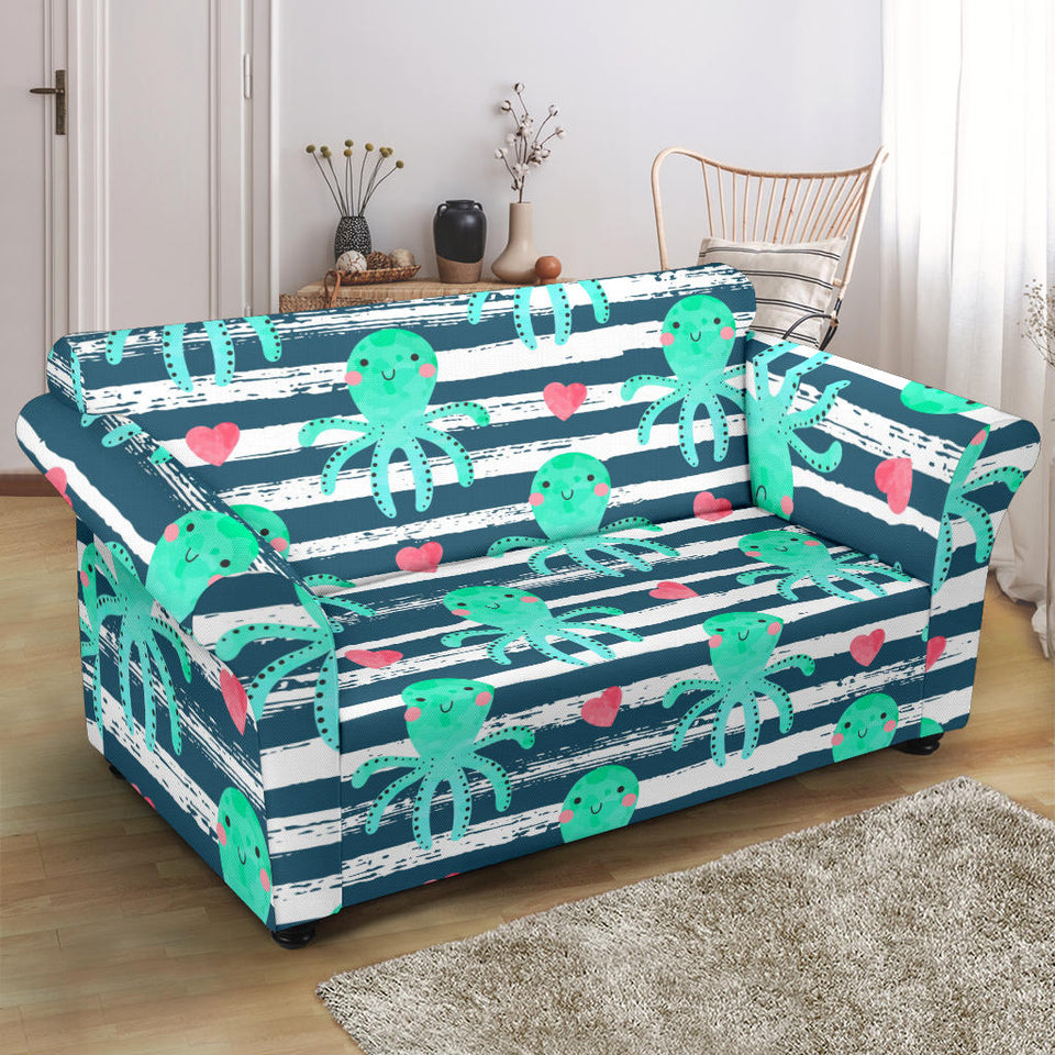 Cute Octopuses Heart Striped Background Loveseat Couch Slipcover