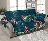 heliconia flowers, palm and monstera leaves on black background pattern Sofa Cover Protector