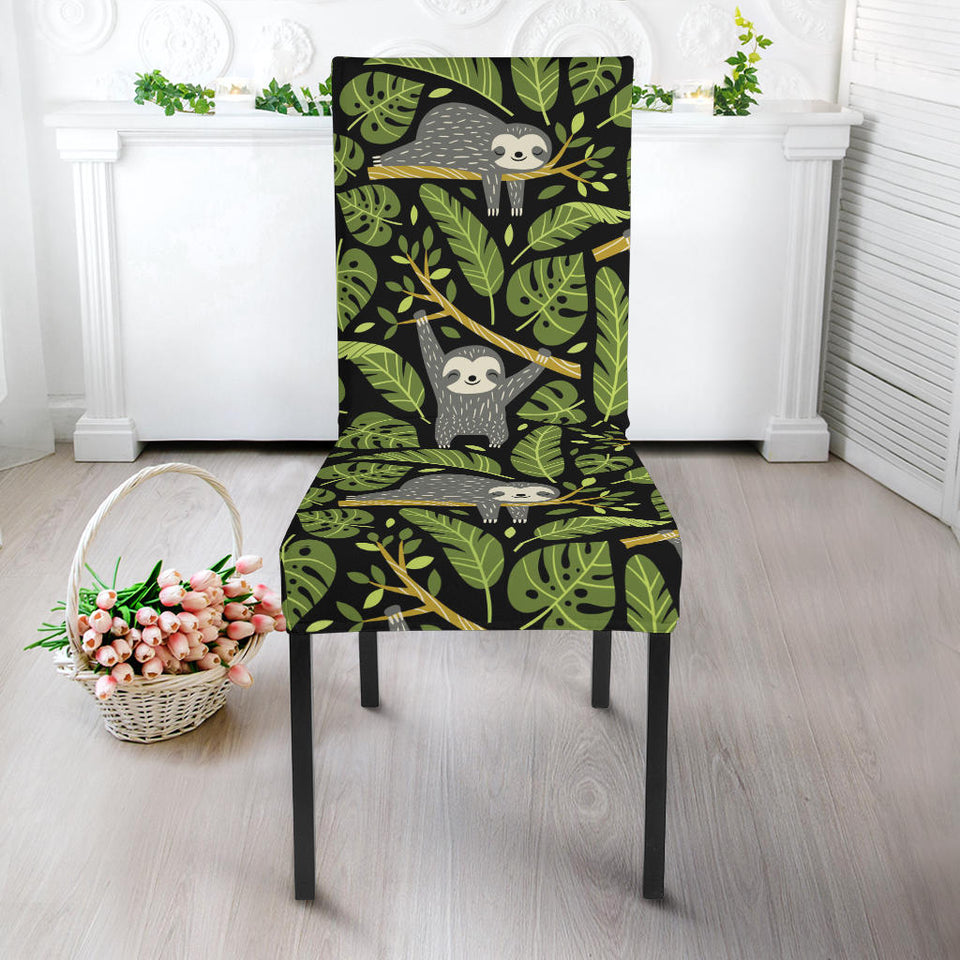 Cute Sloths Tropical Palm Leaves Black Background Dining Chair Slipcover