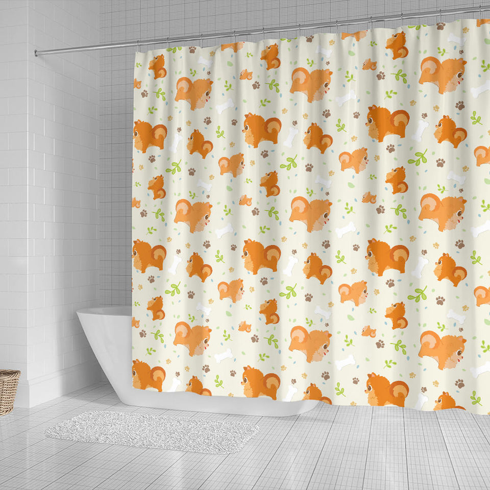 Cute Brown Pomeranian Paw Leave Bone Pattern Shower Curtain Fulfilled In US