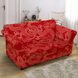 Gold Dragons Red Background Loveseat Couch Slipcover