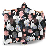 White Swan Blooming Flower Pattern Hooded Blanket