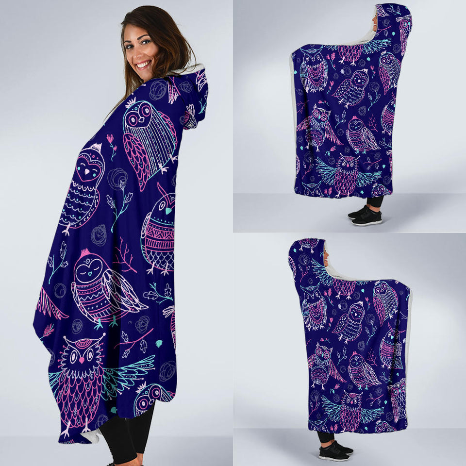 Cute Owls Pattern Boho Style Ornament Hooded Blanket