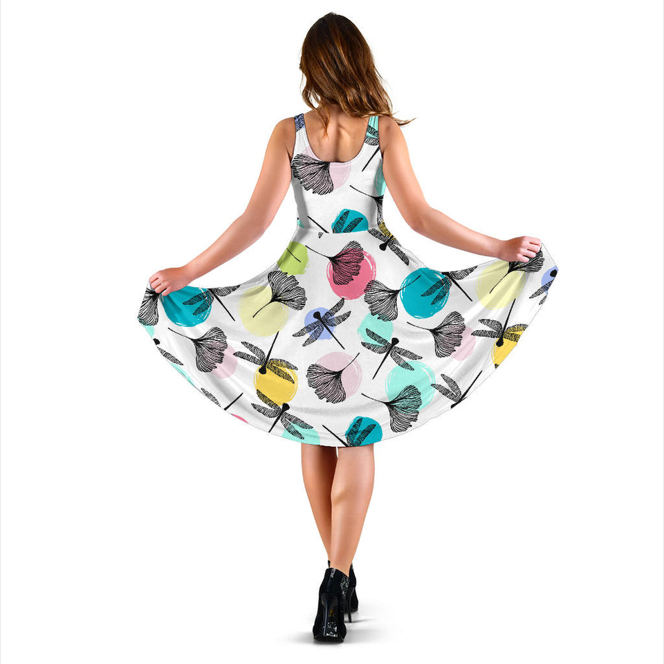 Dragonflies Ginkgo Leaves Pattern Sleeveless Midi Dress