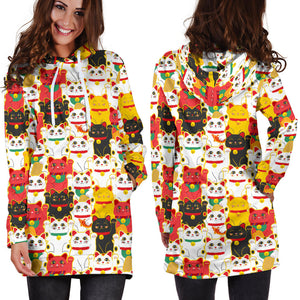Colorful Maneki Neko Lucky Cat Pattern Women'S Hoodie Dress
