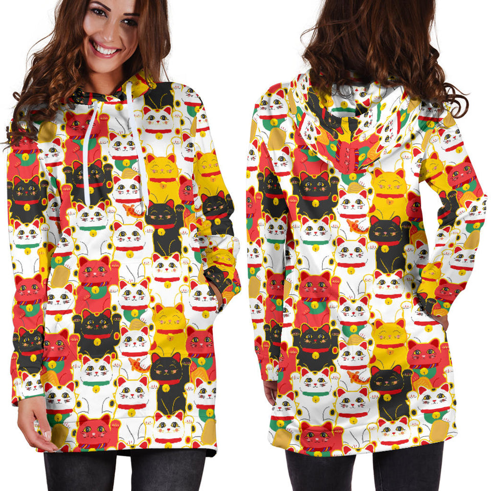Colorful Maneki Neko Lucky Cat Pattern Women'S Hoodie Dress