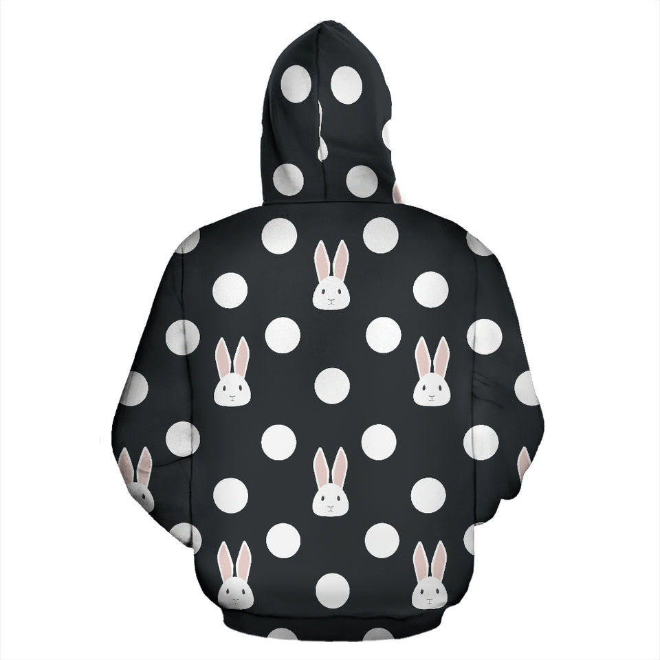 Cute White Rabbit Polka Dots Black Background Zip Up Hoodie