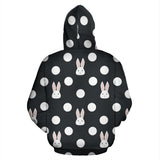 Cute White Rabbit Polka Dots Black Background Zip Up Hoodie