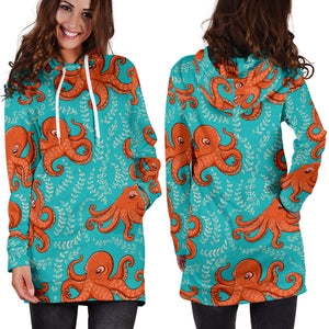 Octopus Turquoise Background Women'S Hoodie Dress