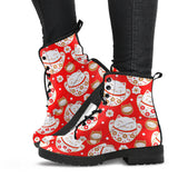 Cute Maneki Neko Lucky Cat Red Background Leather Boots
